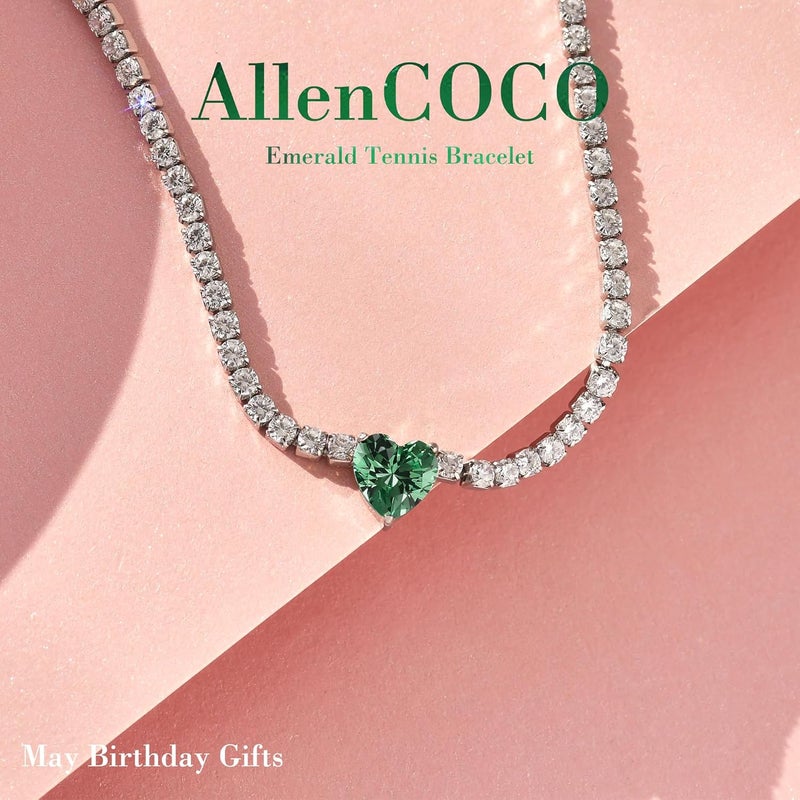AllenCOCO Sterling Silver Heart Birthstone Bracelet, 14K White Gold Plated, AAAAA+ CZ Cubic Zirconia, Tennis Chain with Heart Charm, Hypoallergenic, Non-Tarnish Jewelry Gift for Women - Image 2